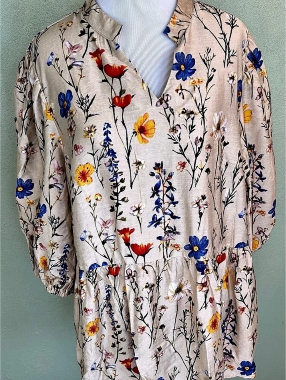 Cato Floral Button-Down Top in Beige & Blue XL